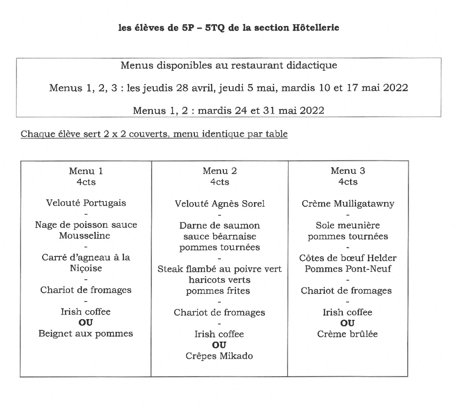 Qualifications 2022 - Menu Hôtellerie 2